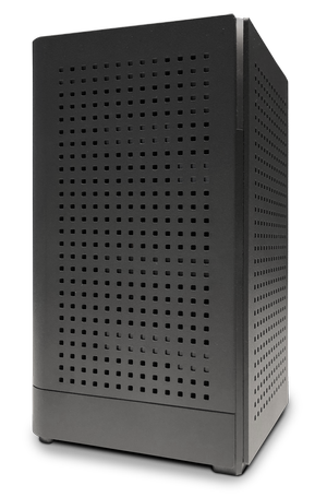A black computer tower case with ventilation holes on the front and side panels.