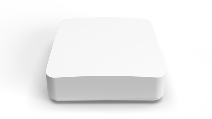 A plain white, square-shaped electronic device with rounded edges, viewed from above on a white background.