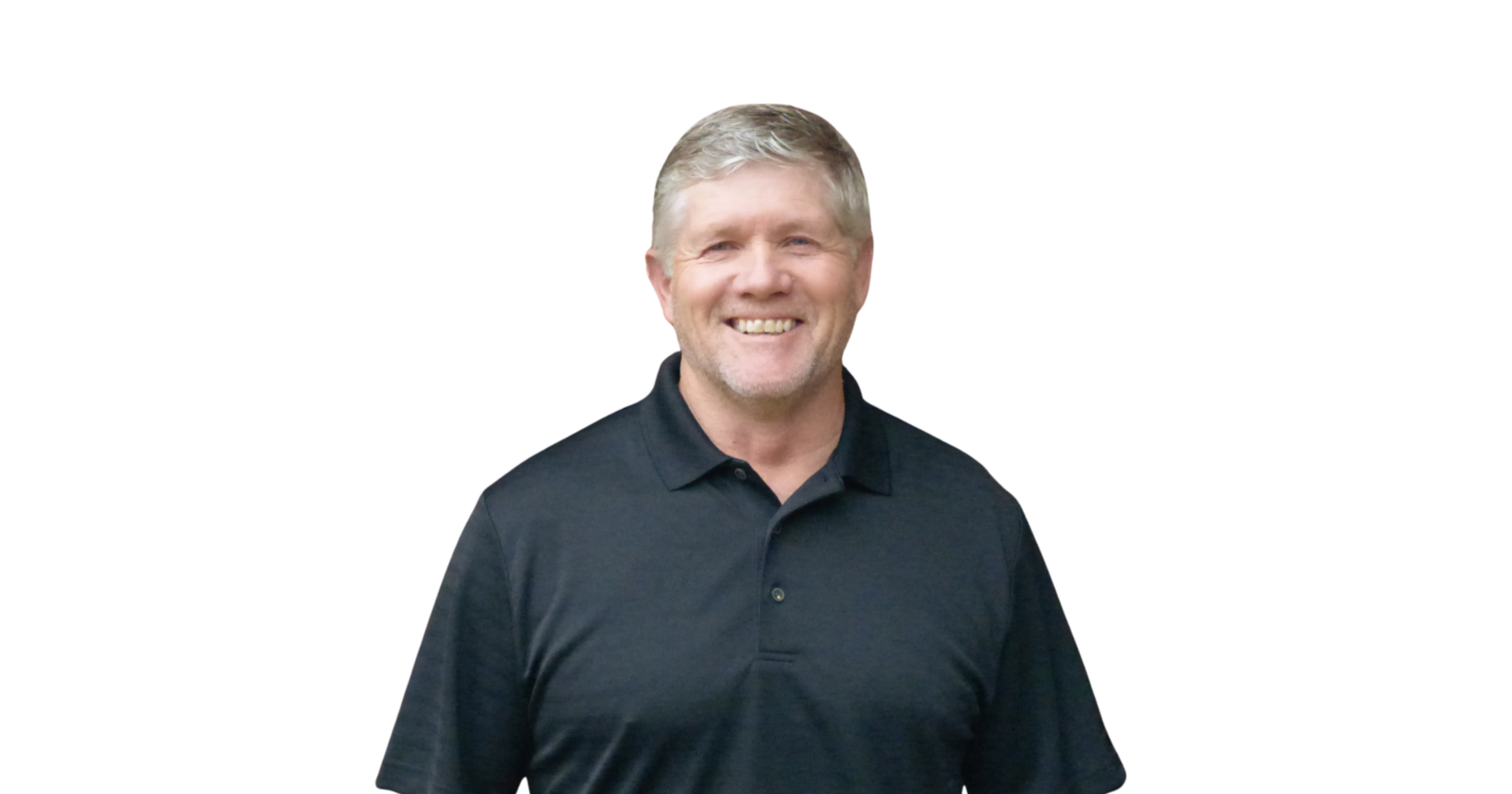 A smiling middle-aged man with short gray hair wearing a black collared shirt.