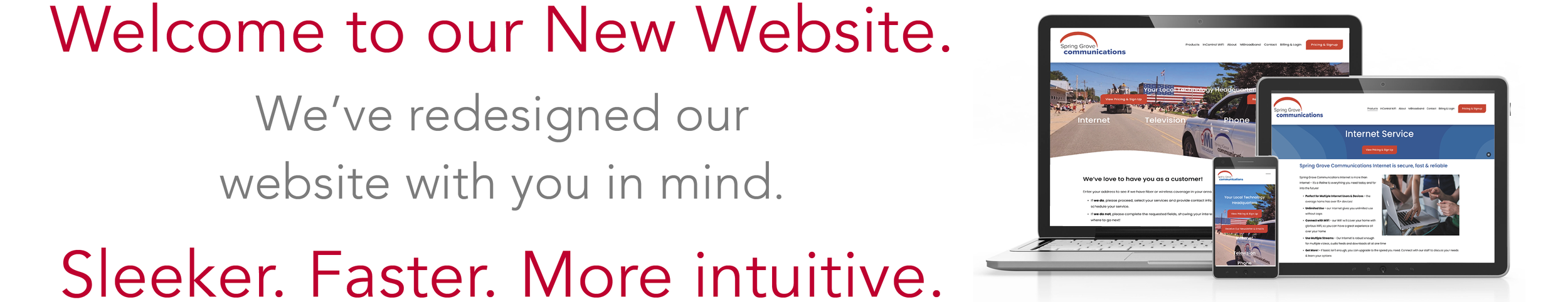 A digital advertisement welcoming visitors to a new website, displaying various devices including a laptop, tablet, and smartphone showing the website, with text highlighting features like being sleeker, faster, and more intuitive.