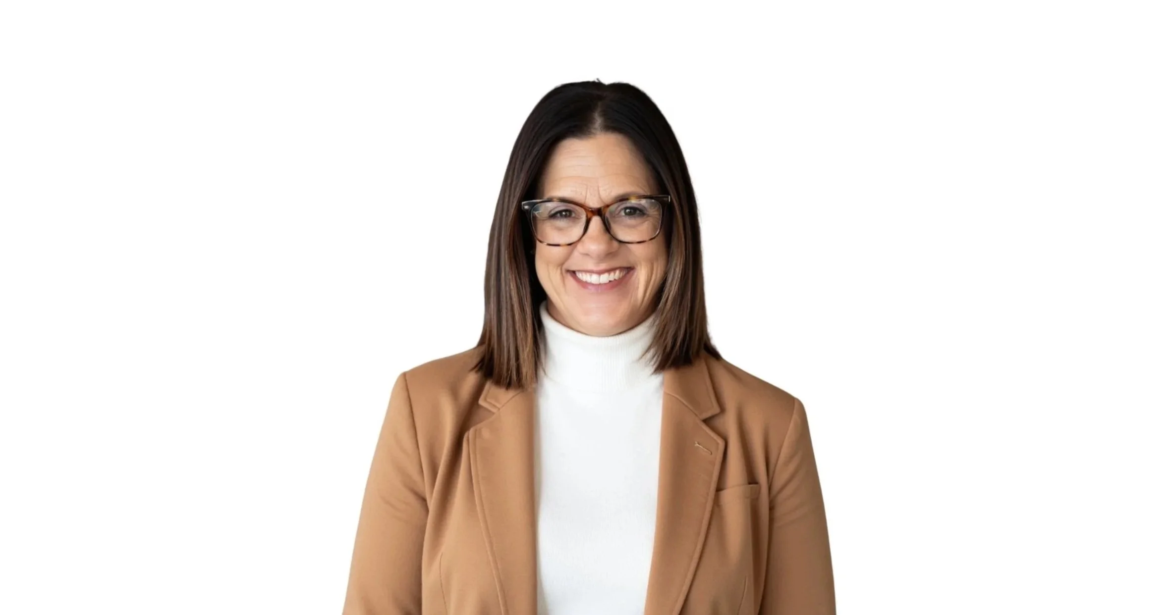 A woman with shoulder-length brown hair wearing glasses, a white turtleneck sweater, and a tan blazer, smiling at the camera.