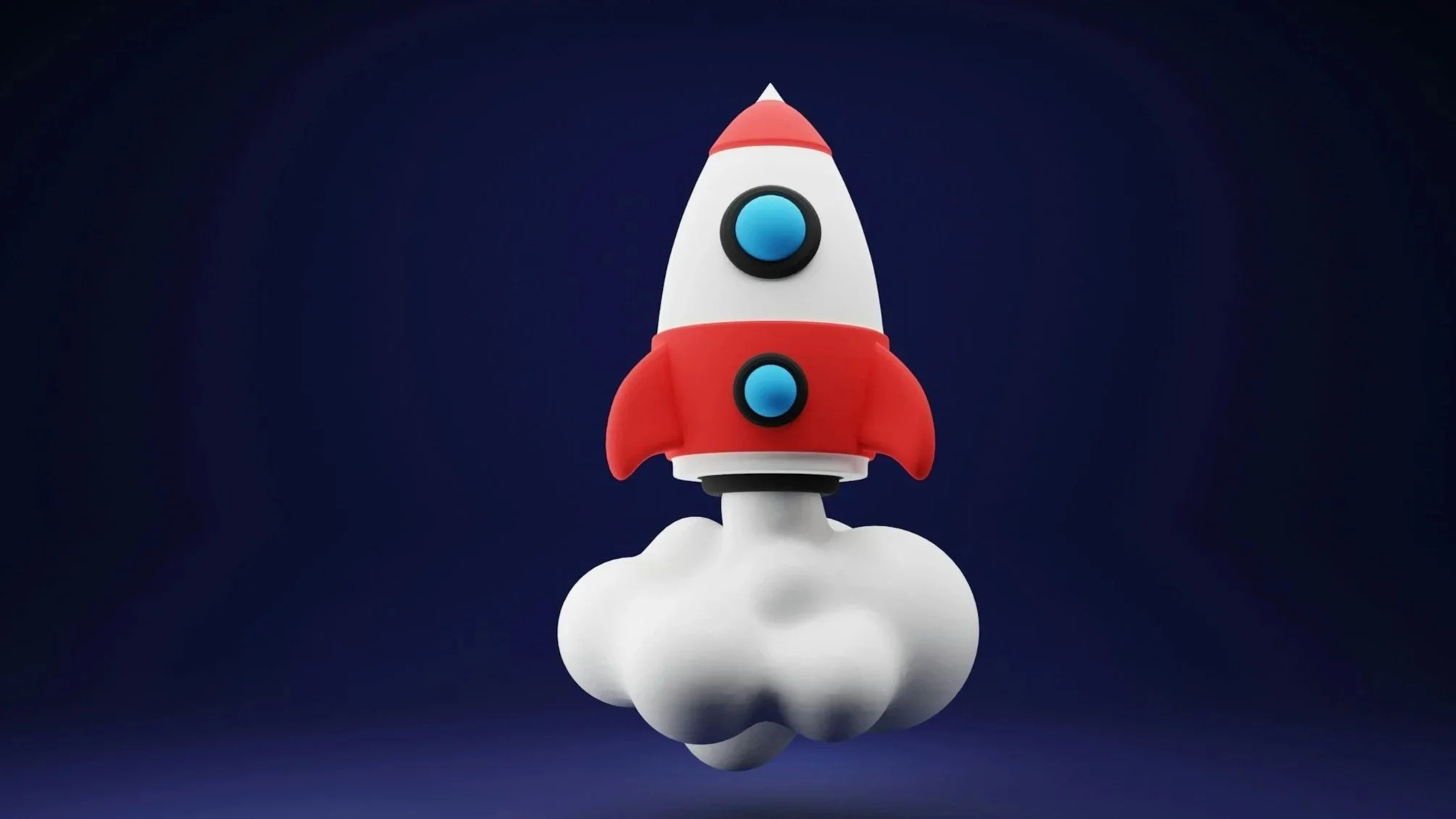 A toy rocket ship with a red nose cone, red fins, and two blue circles on its white body, emerging from a cloud of smoke against a dark background.