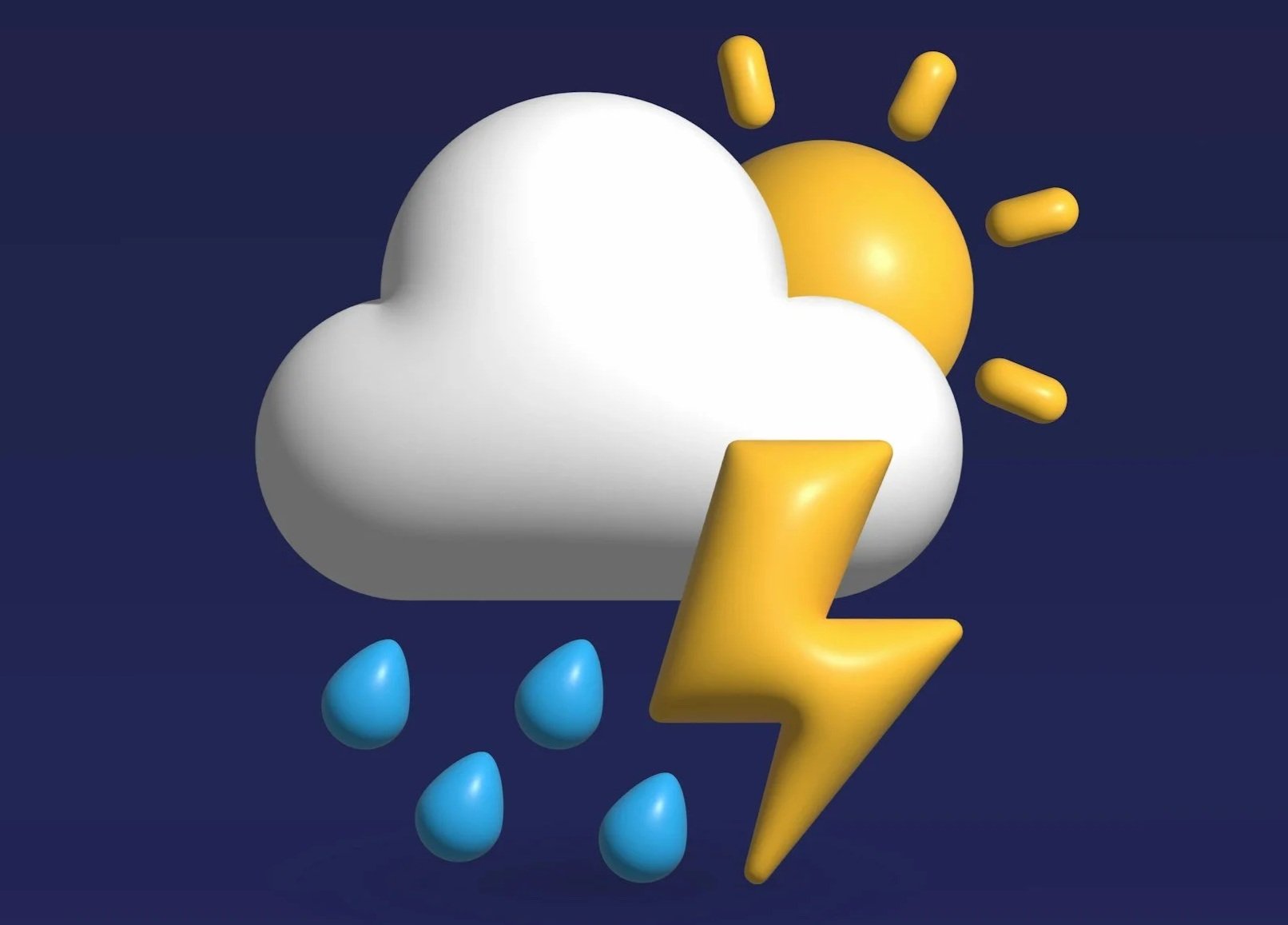 Weather icons depicting clouds, sun, raindrops, and a lightning bolt on a dark background.