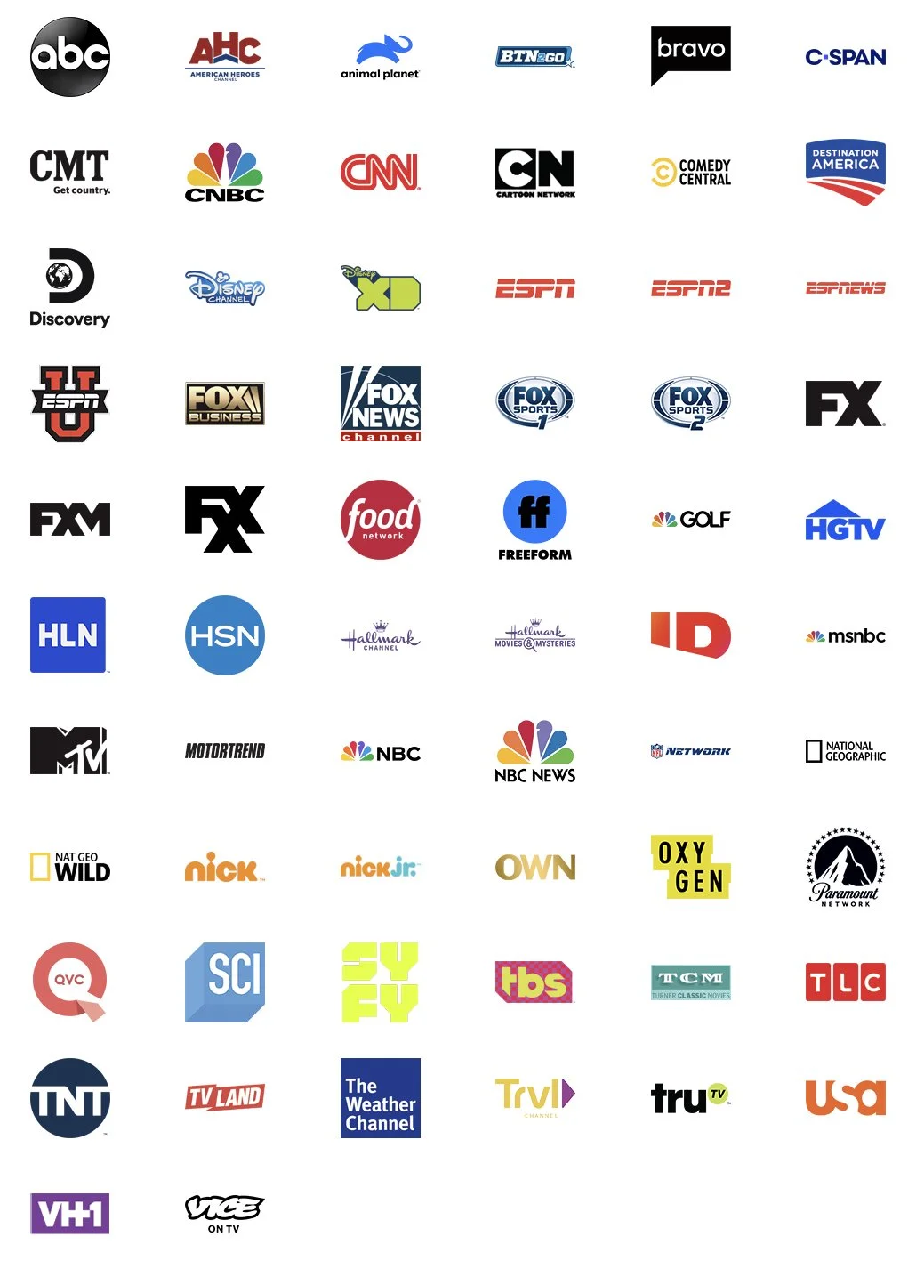 A collection of logos from various television networks and channels, arranged in a grid.