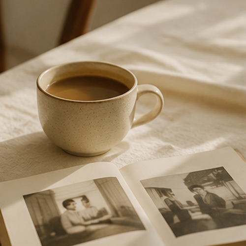 A cup of coffee next to an open photo album on a bed.