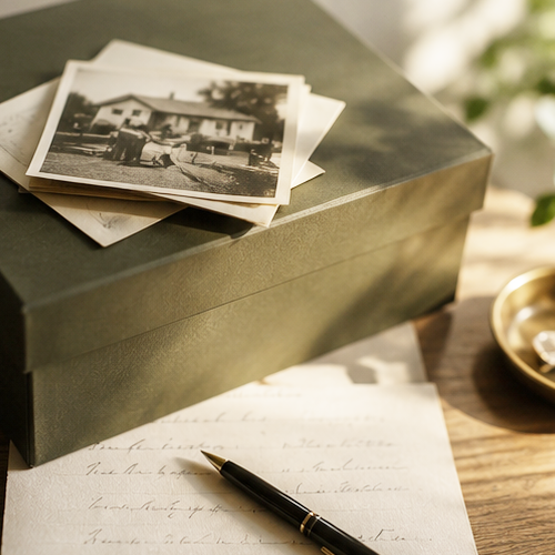 Black and white vintage photographs resting on a gray box, with a handwritten letter and a pen on a wooden surface, and a gold dish in the background.