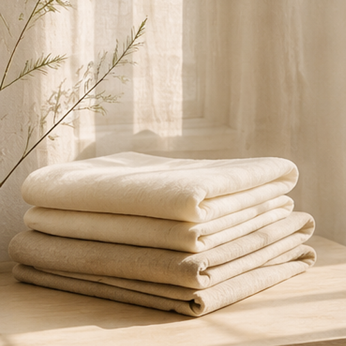 Stack of folded beige and white linens on a wooden surface with soft sunlight and a plant branch in the background.