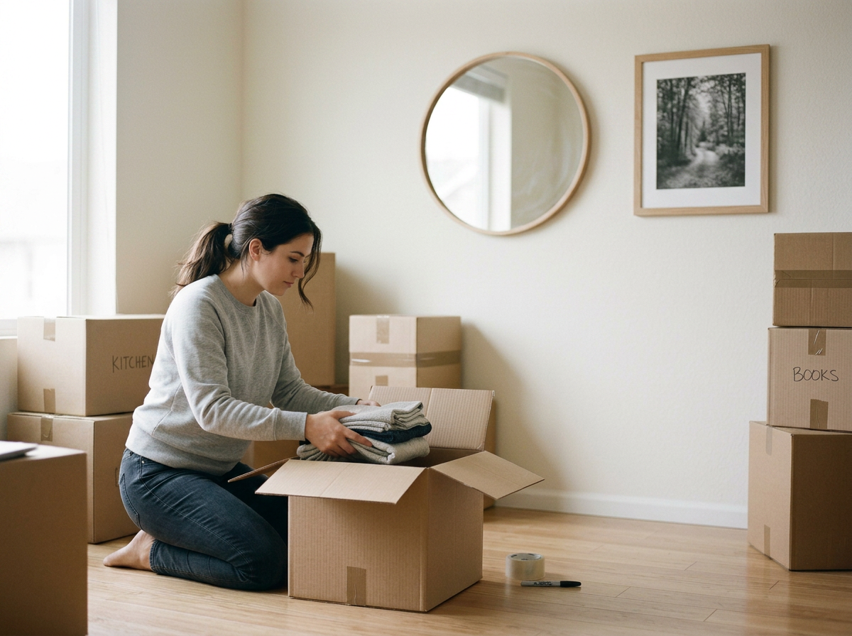 A woman kneeling on the floor of a room, packing folded clothes into a cardboard box surrounded by other labeled boxes, with a round mirror and framed black-and-white photograph on the wall.