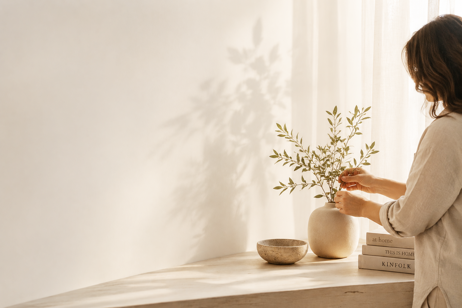 A woman arranging a leafy green plant in a white ceramic vase on a light-colored wooden table, with a stack of books and a bowl nearby, sunlight streaming through a sheer curtain.
