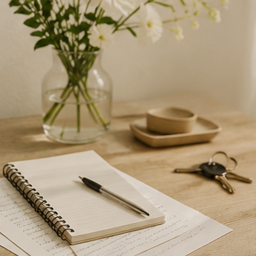 A notebook with a pen on top, a sheet of paper, a set of keys, a small bowl, a tray, and a vase with white flowers on a wooden table.