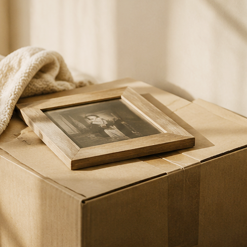 A framed black-and-white photograph resting on a cardboard box, with a soft blanket partially draped over the corner.