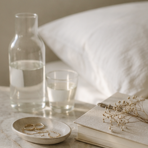 A glass and a carafe of water, a closed book with a decorative plant, and a jewelry dish with rings and a necklace on a bedside table.