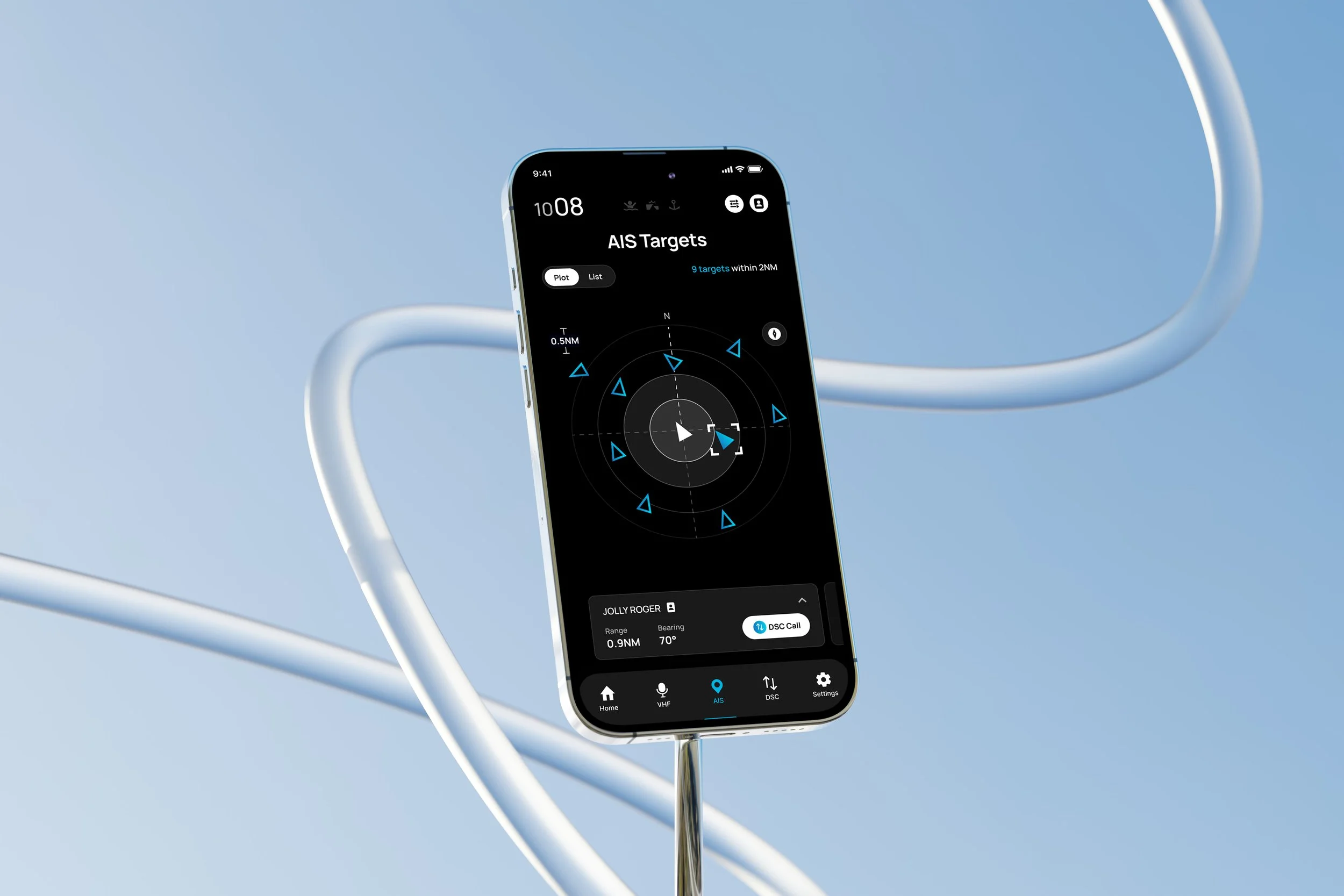 Close-up of a smartphone with a navigation app displaying Target recognition, surrounded by white and blue cables on a light blue background.
