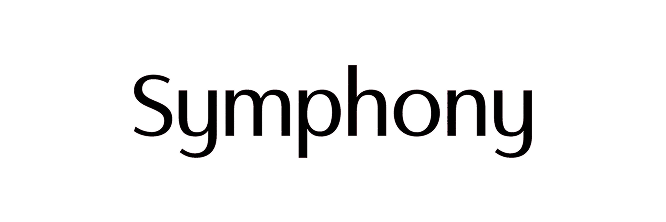 The word "Symphony" written in black outlined text on a white background.