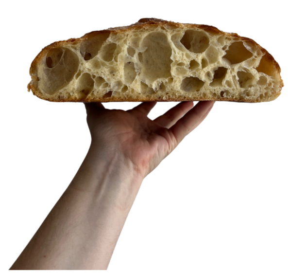 Hand hält ein Stück Focaccia mit luftiger, hohler Struktur.