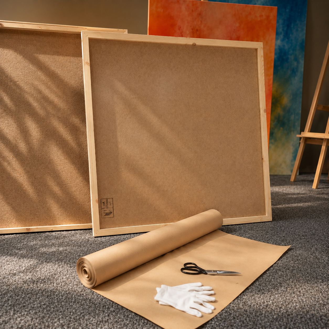 Original oil painting prepared for secure international shipping using archival protective packaging materials.