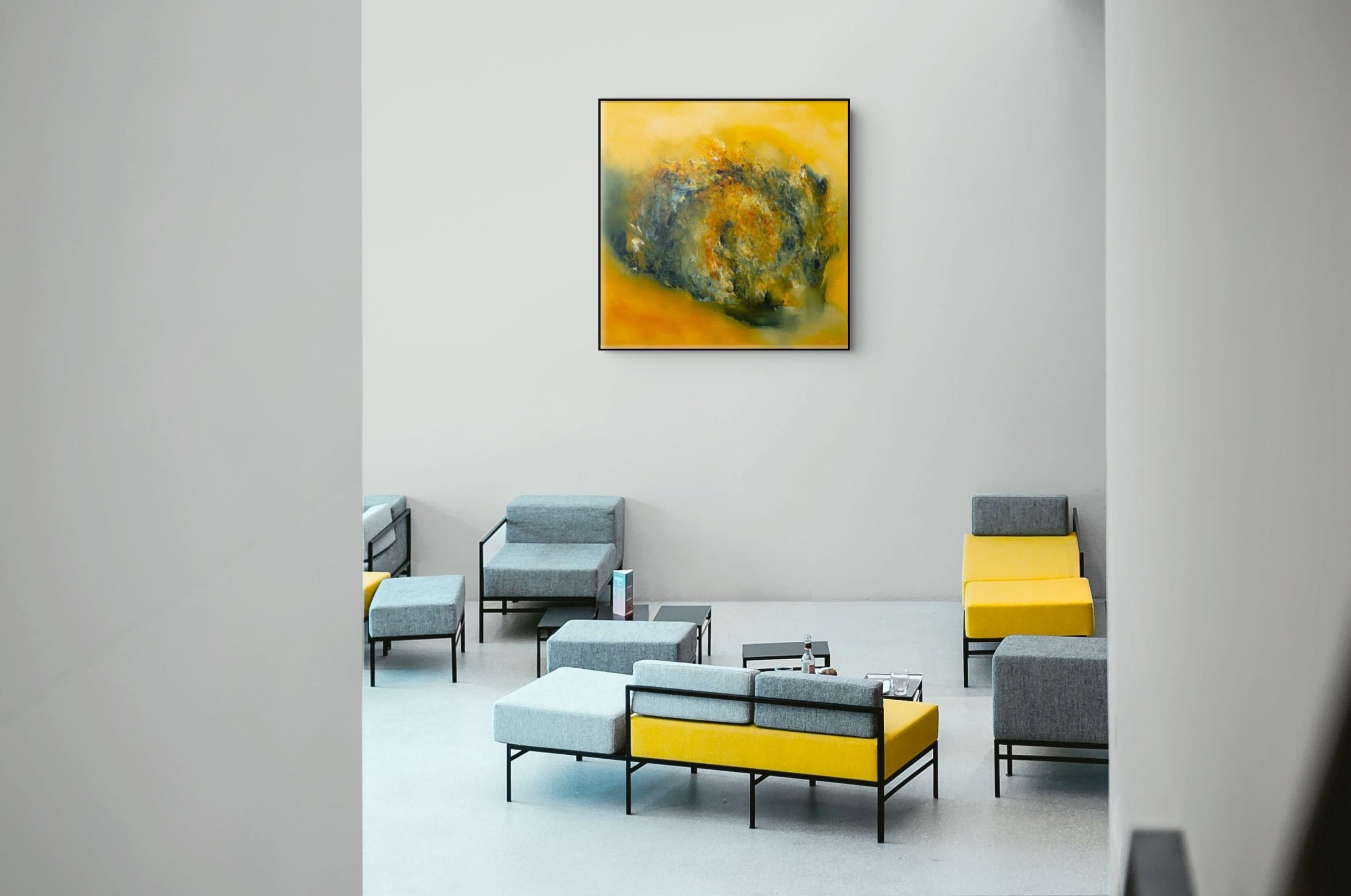 Installation visualisation of Veronika Kyrychenko’s World in Formation (2021), a 100 × 100 cm oil painting shown in a minimalist architectural interior.