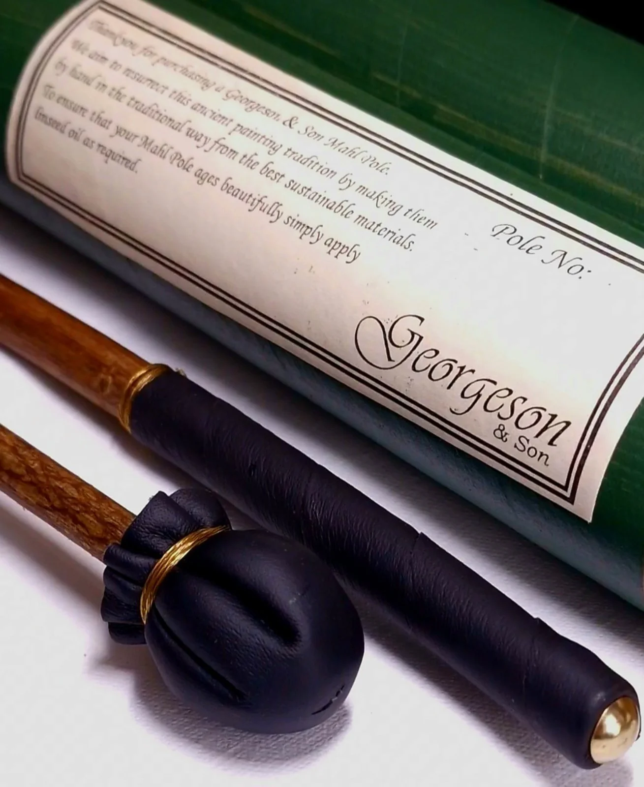 Historic Georgeson & Son mahl stick used in traditional oil painting, photographed for the Material Memory Project research on artists' materials and art history.