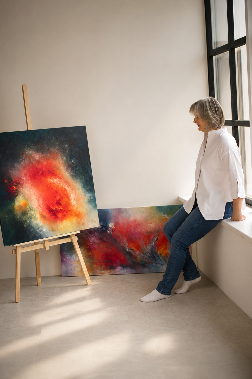 Veronika Kyrychenko in her studio with original oil paintings, welcoming collectors to discover and discuss her work.