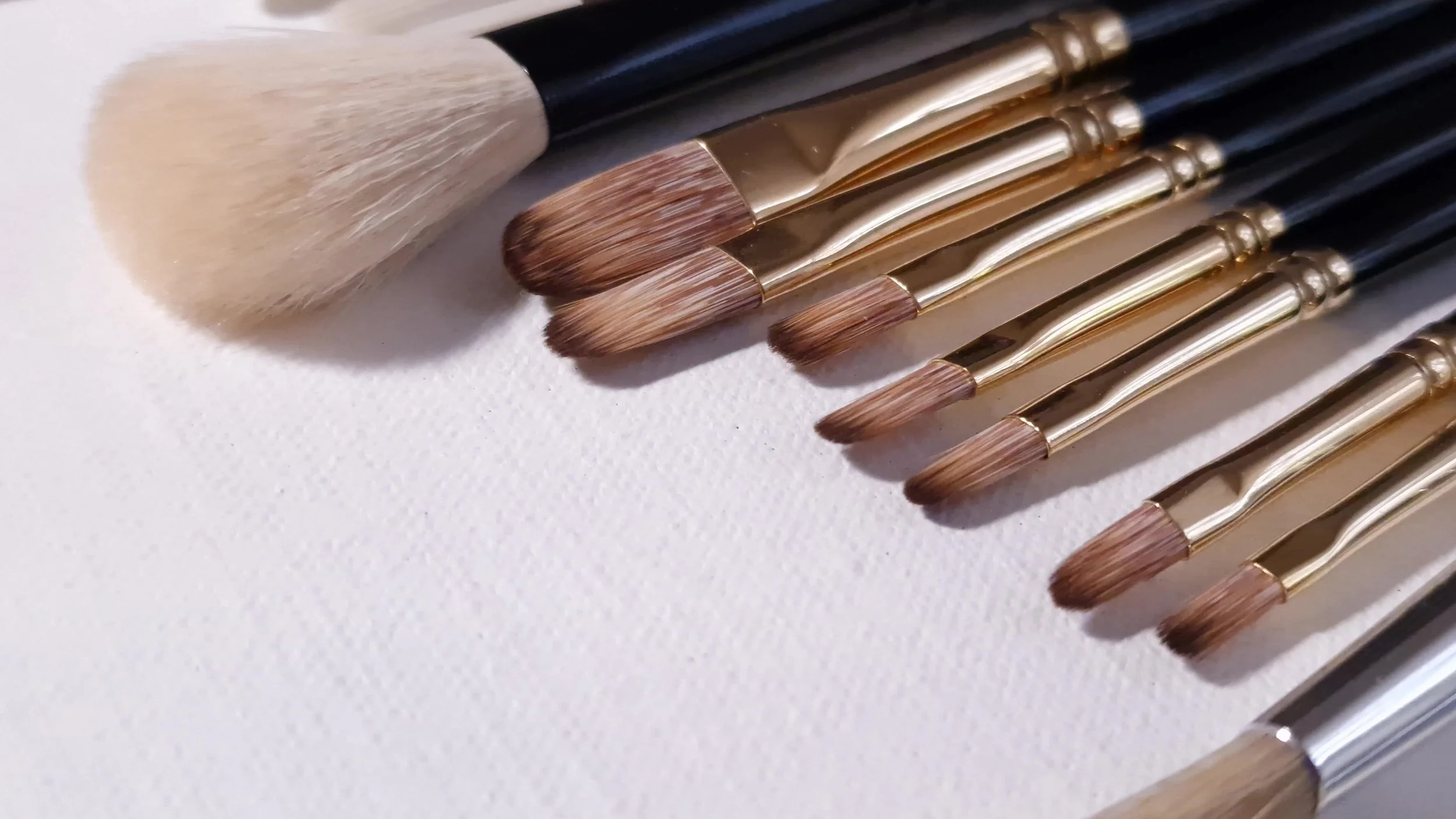 Close-up of Rosemary & Co artists’ brushes showing differences in fibre, tuft shape, density and natural tip structure.
