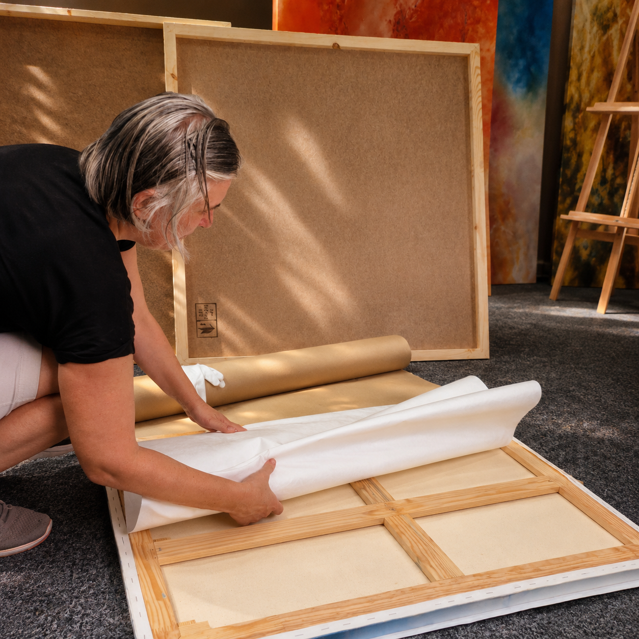Professional packaging of an original oil painting for secure worldwide shipping