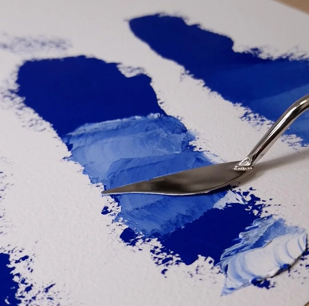 Veronika Kyrychenko working on an oil painting, showing the material state of the artwork at the time of creation.