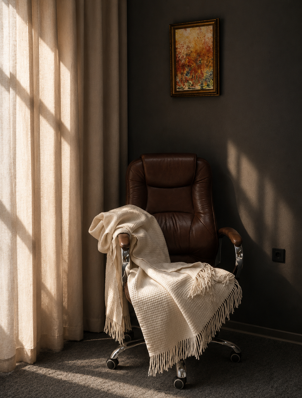 Original oil painting in a peaceful reading corner, reflecting the enduring relationship between art, home, and personal history.