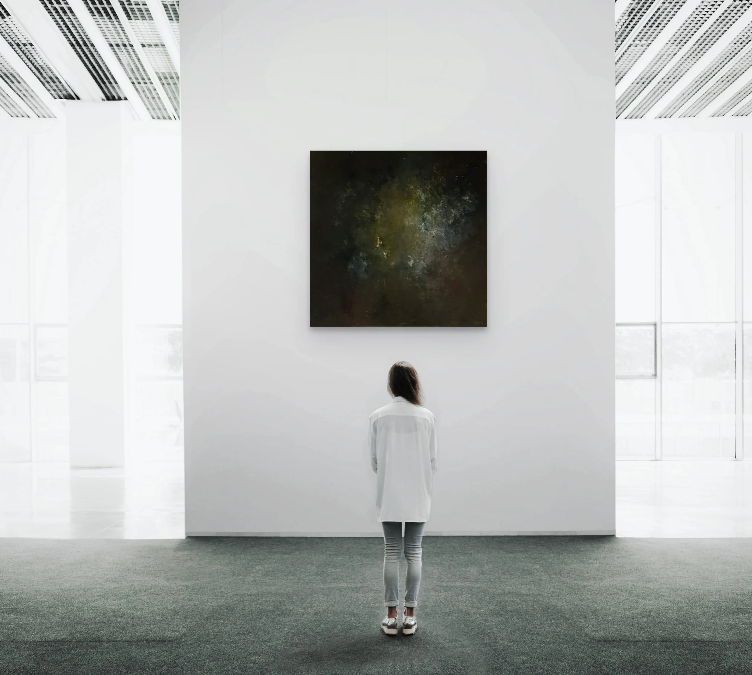 Viewer standing at a distance from Veronika Kyrychenko’s painting The 500th Day, exploring how viewing distance shapes the perception of a painting.