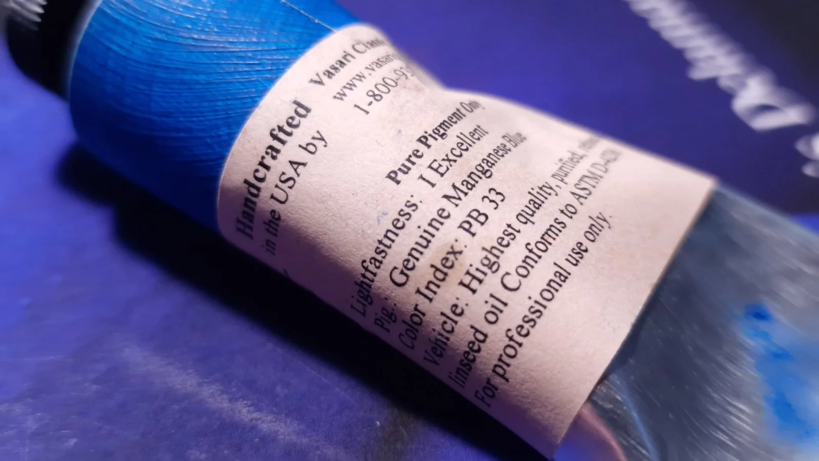 Genuine Manganese Blue PB33 artists’ oil paint tube, documented as part of the Material Memory Project research into disappearing and historically significant artists’ materials.