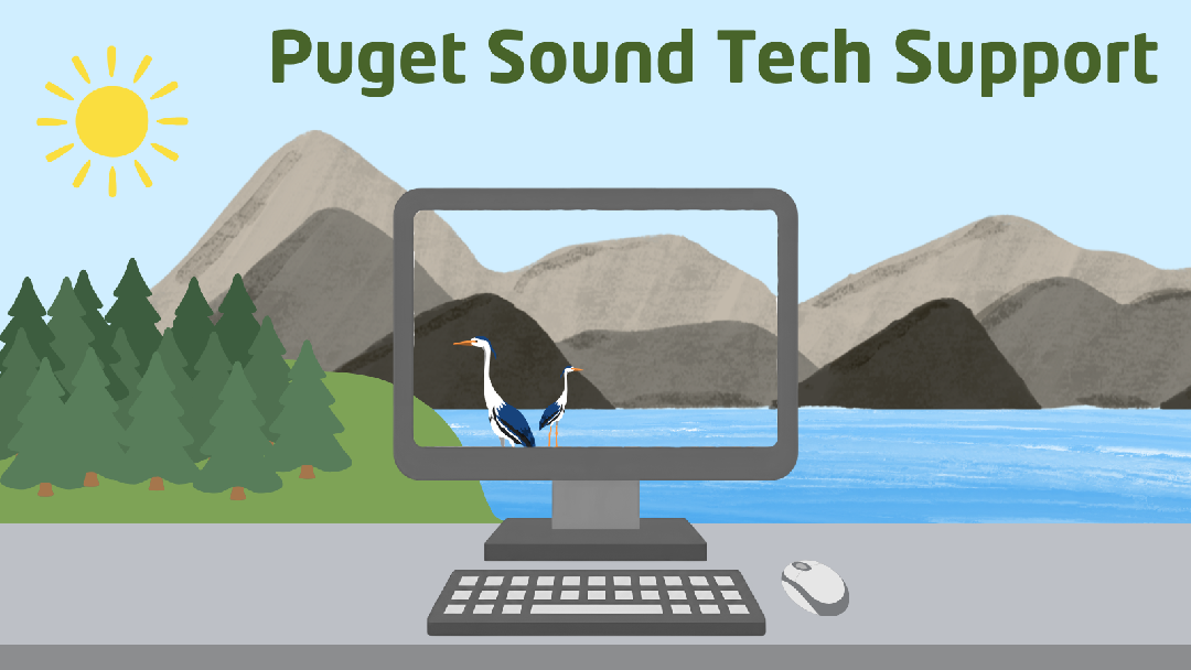 Illustration of Puget Sound Tech Support with a computer, keyboard, and mouse in front of a Bainbridge Island landscape of mountains, trees, a river, birds, and a bright sun.