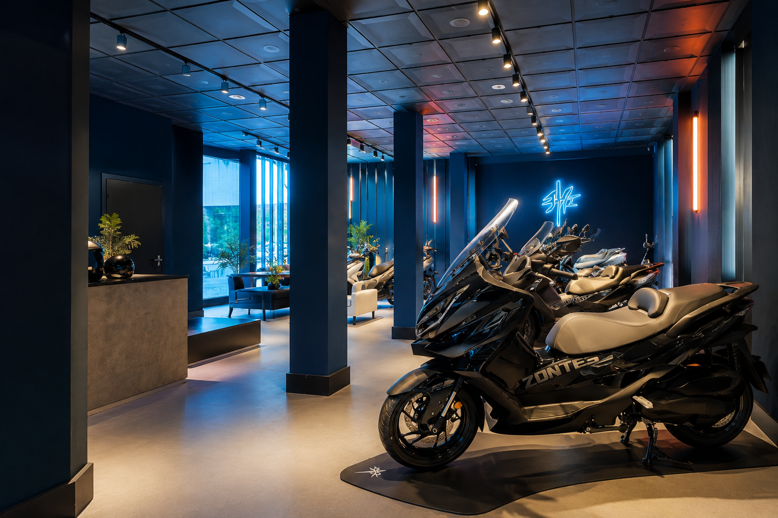 Interior de showroom de movilidad urbana en Madrid, con exposición de vehículos, iluminación comercial y diseño contemporáneo.