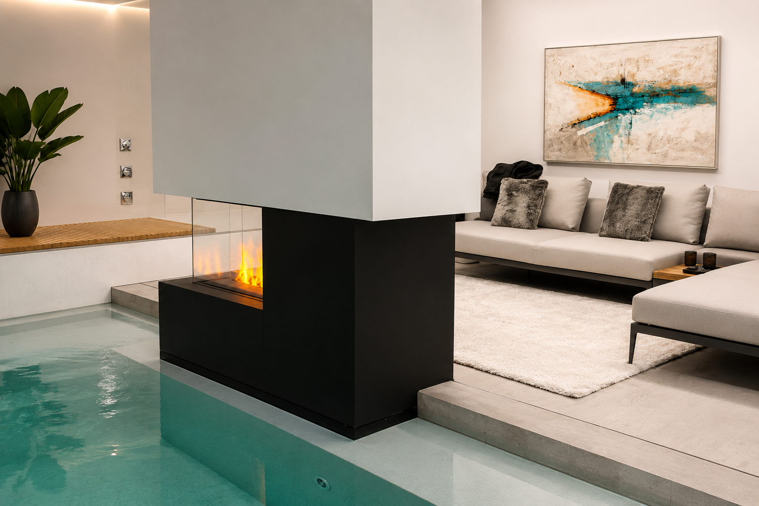 Interior con piscina y chimenea central del proyecto Alonso XII en Madrid, diseñado como espacio residencial contemporáneo.