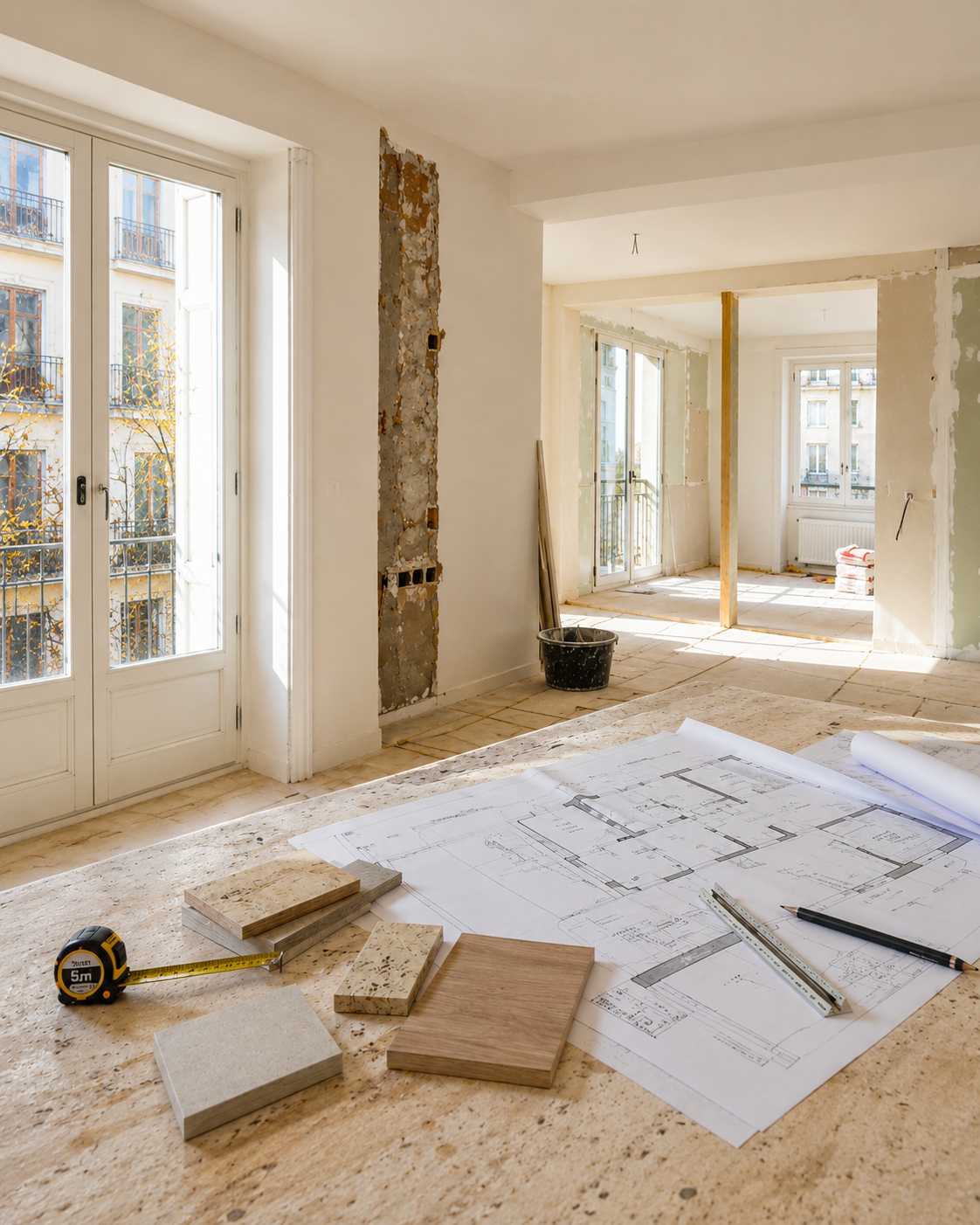 Proceso de reforma integral con planos, muestras de materiales y seguimiento de obra en vivienda urbana.