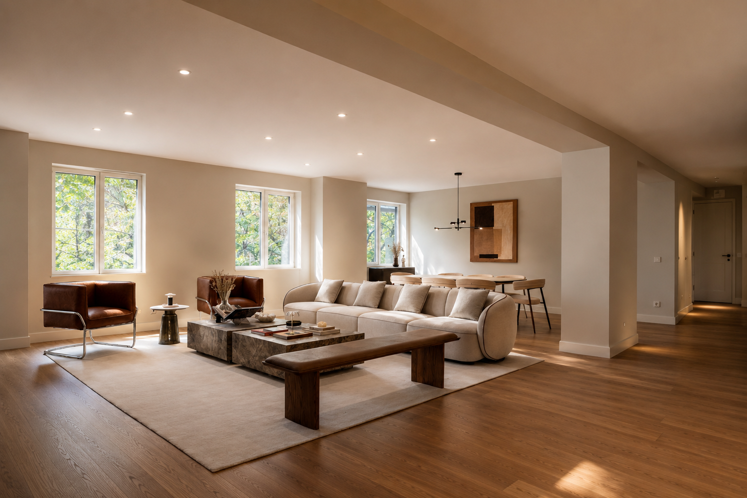Salón reformado del proyecto General Perón en Madrid, con distribución abierta, luz natural y acabados contemporáneos.