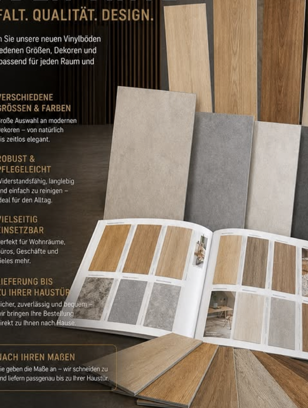 Farb- und Materialmuster von Vinylböden in verschiedenen Farben und Holzoptiken, darunter beige, grau und dunkle Holzmaserung, präsentiert auf einem Tisch mit einem offenen Katalog, der weitere Muster zeigt.