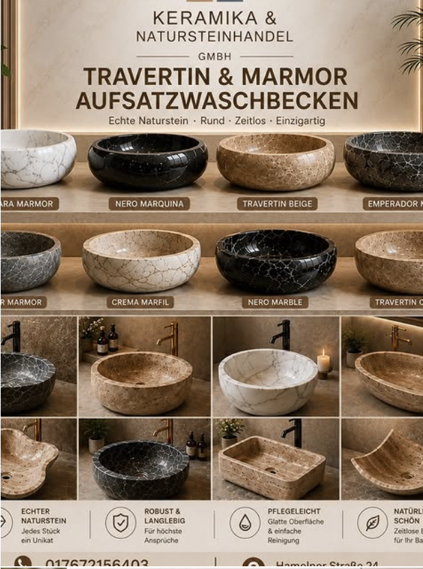 Anzeige für Keramikwaschbecken in verschiedenen Farben und Formen, mit Produktbeschreibungen und Preisen.