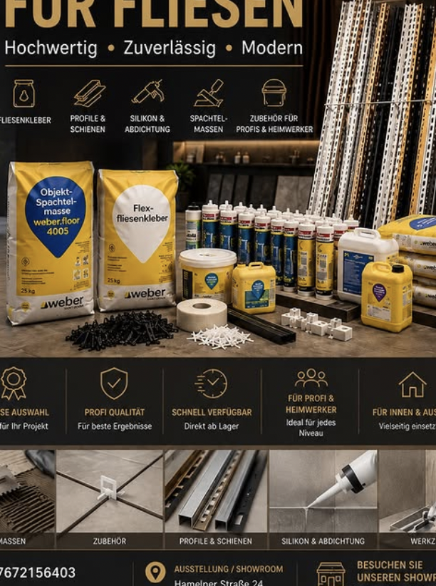 Produktbild von Fliesenverarbeitungszubehör. Verschiedene Kleber, Profile, Schienen, Silikon, Klebebänder, Schrauben und Werkzeuge für Fliesenarbeiten. Markierung als hochwertige, zuverlässige und moderne Produkte für Profis und Heimwerker.