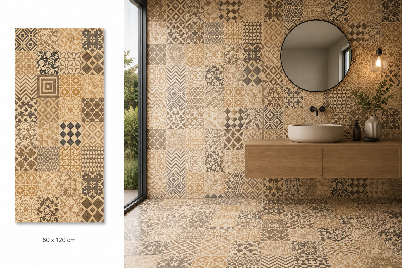 Badezimmer mit Wand- und Bodenfliesen in einem Mosaic-Muster aus beige, braun und grau.