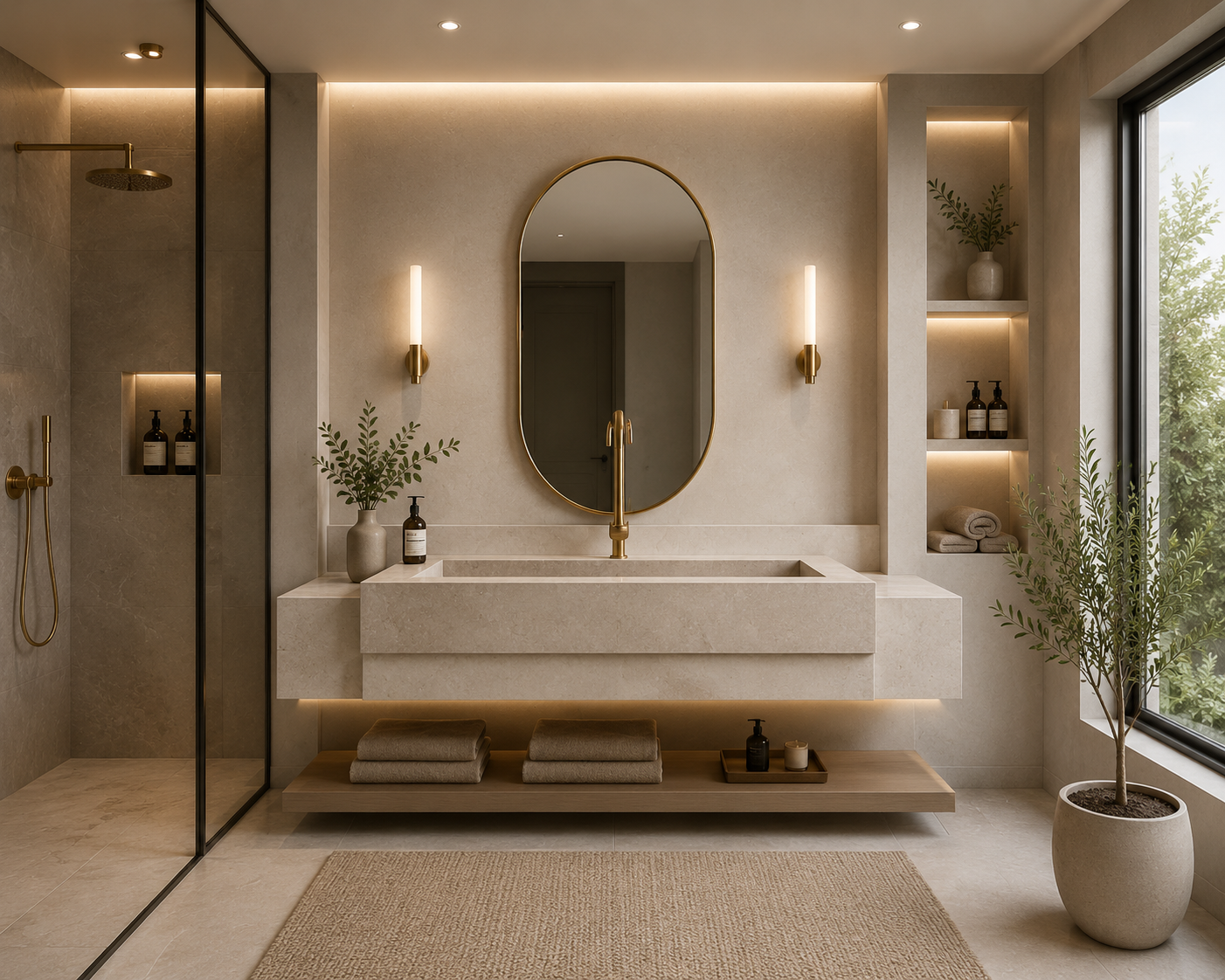 Ein moderner Badezimmer mit beigefarbenen Fliesen, einem ovalen Spiegel, goldfarbenen Armaturen, einem Baum in einem Topf, einer Dusche auf der linken Seite und einem offenen Regal mit Handtüchern und Produkten.