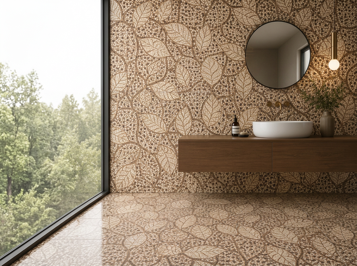 Moderne Badezimmer mit Mosaik-Fliesen in Braun und Beige, Wandspiegel, Waschbecken auf Holz-Unterschrank, grüne Pflanze in Vase, runde Lampe, großes Fenster mit Blick auf Bäume.