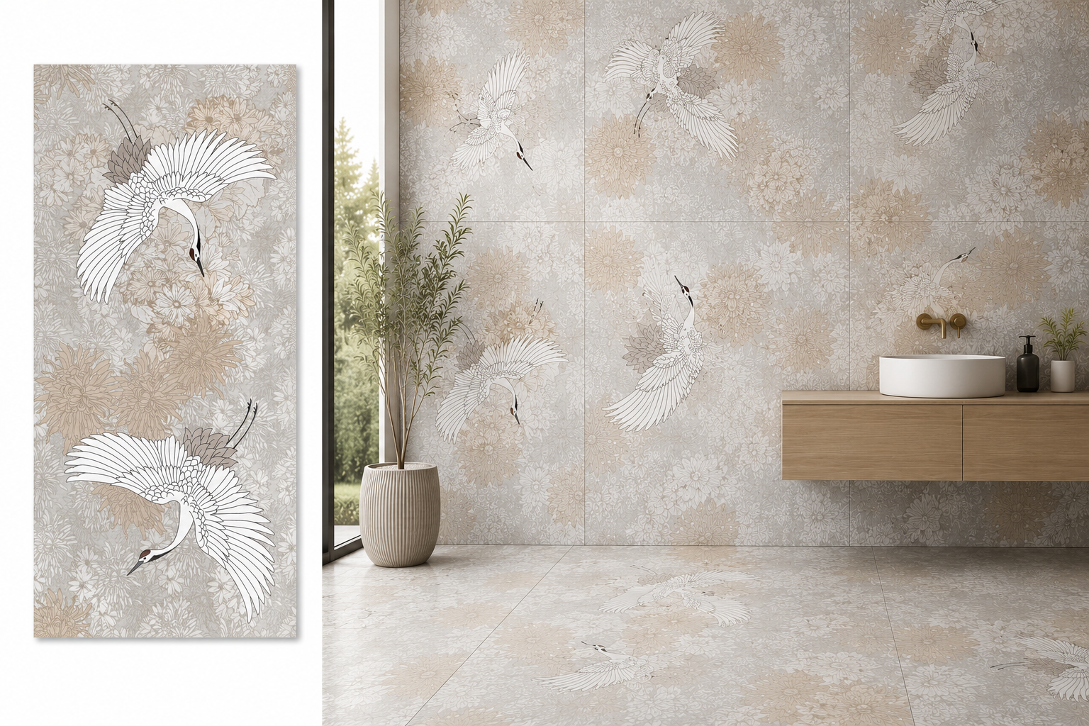Ein Badezimmer mit Wand- und Bodenfliesen in Beige- und Weißtönen, dekoriert mit Flug- und Landvogel-Motiven, einem Waschtisch mit rundem Waschbecken, einem schwarzen Seifenspender und einer Vase mit grünen Zweigen, große Fensterfront mit Blick nach 