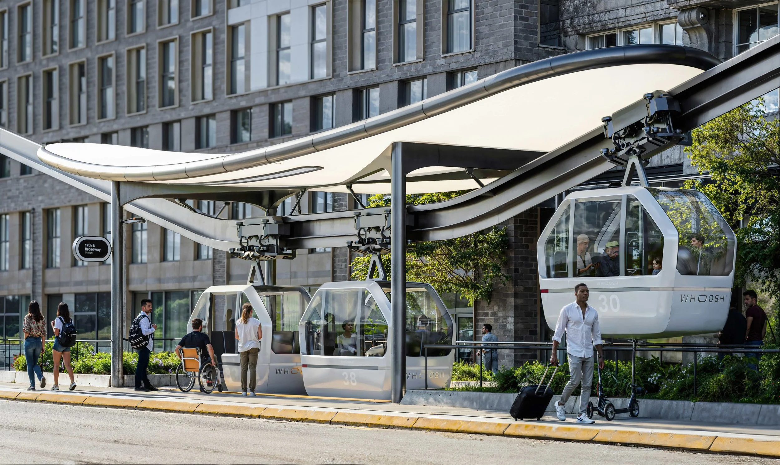 Whoosh autonomous transit system integrated into an urban streetscape.