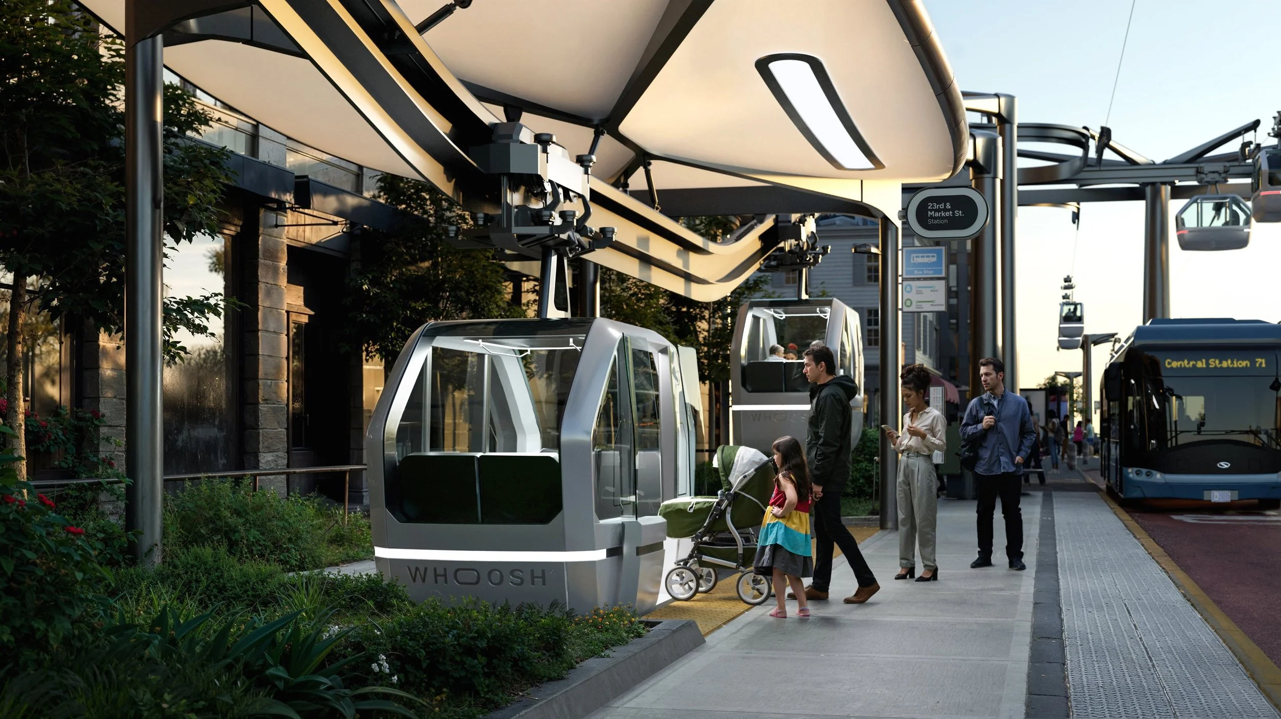 Whoosh autonomous transit system integrated into an urban transportation hub.