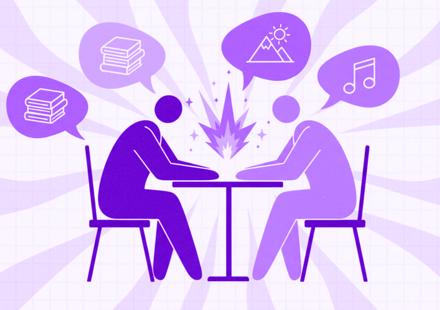 Two people sitting at a table with a burst of energy or sparks between them, surrounded by thought bubbles depicting books, a mountain with the sun, and a musical note.