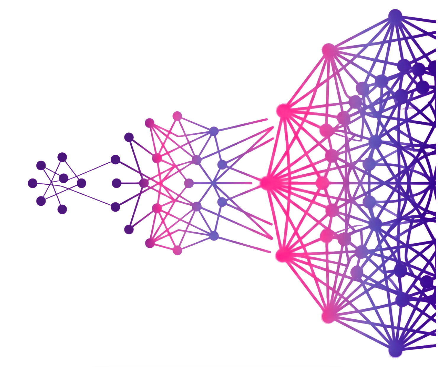Abstract illustration of neural networks with interconnected nodes in pink and purple on a white background.