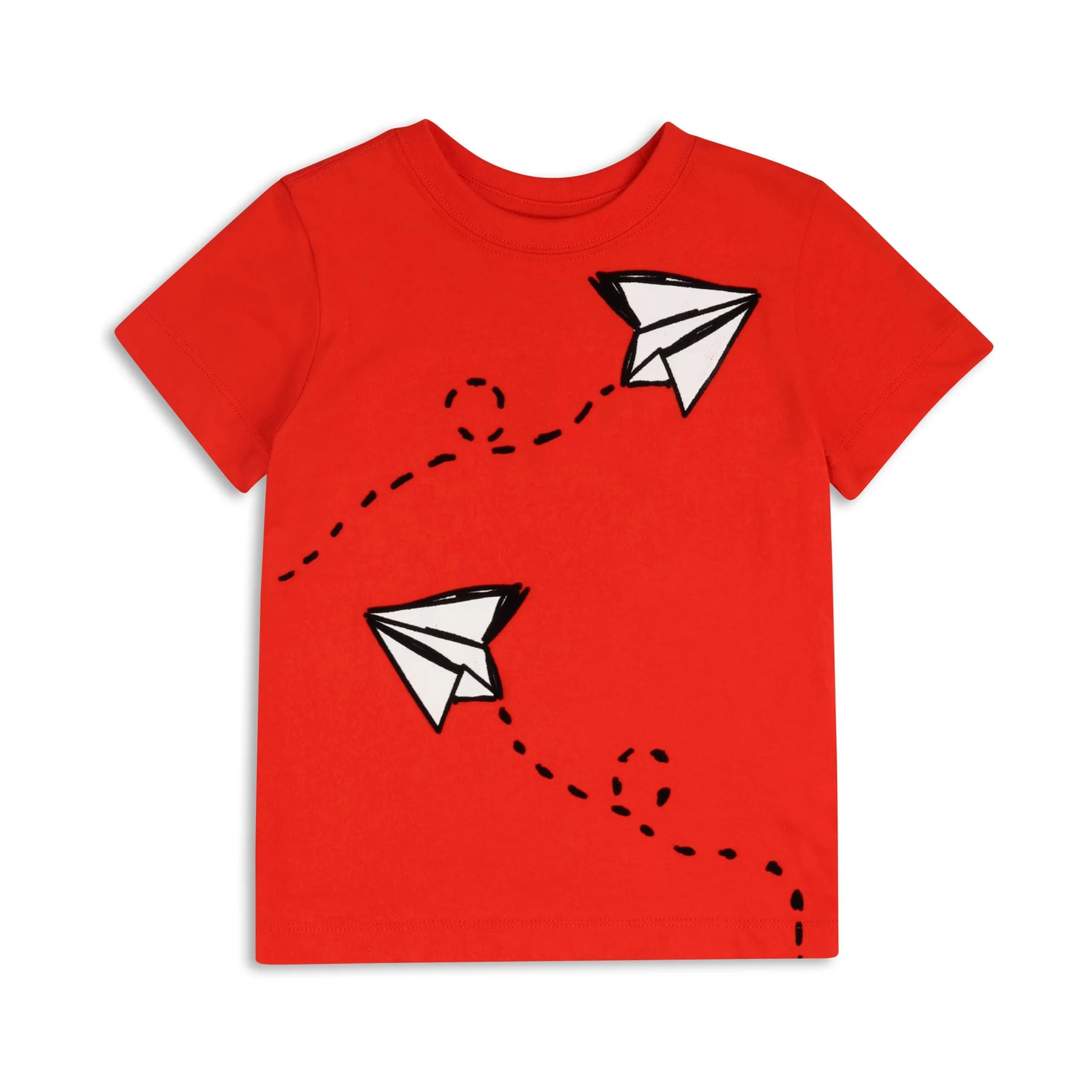 Red T-shirt with black and white airplane and dashed flight path design