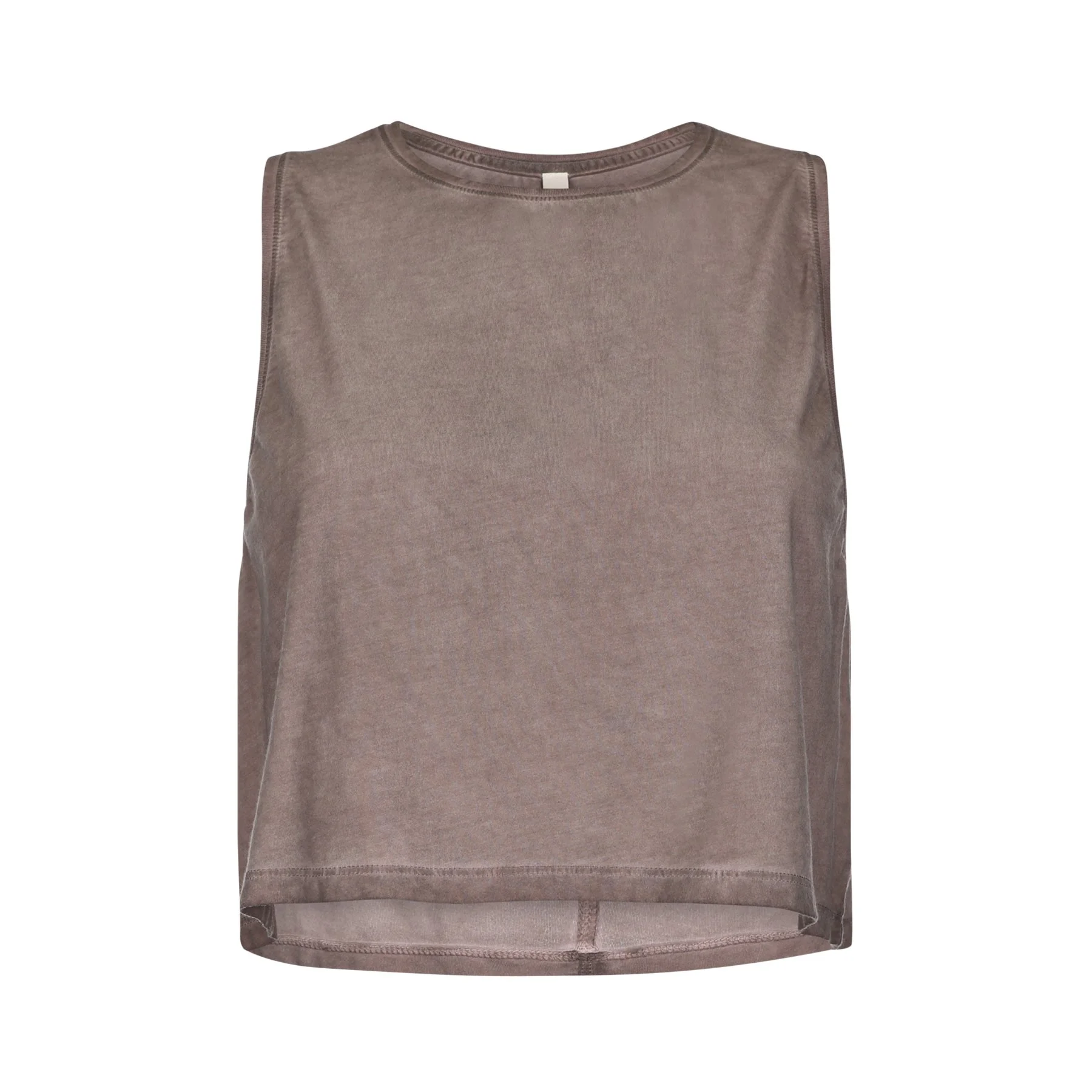 A sleeveless shirt in a muted taupe color, shown from the front, with a rounded neckline and straight hem.