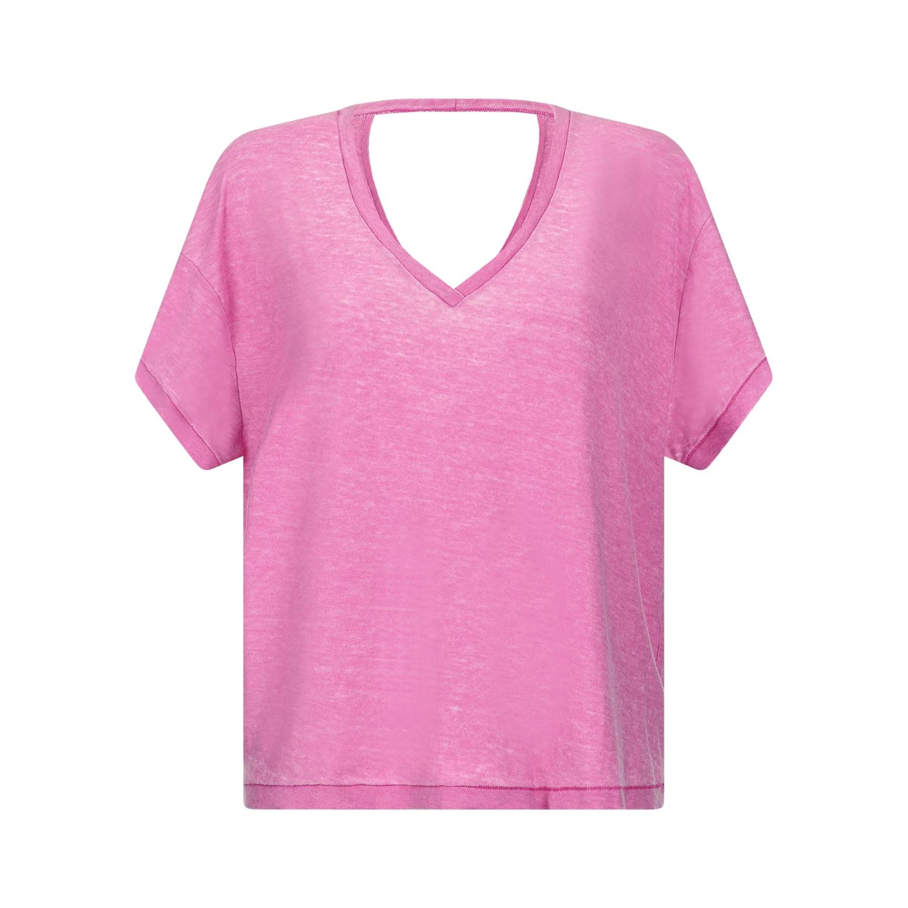 Pink short-sleeve T-shirt with a V-neck and keyhole cutout at the neckline.