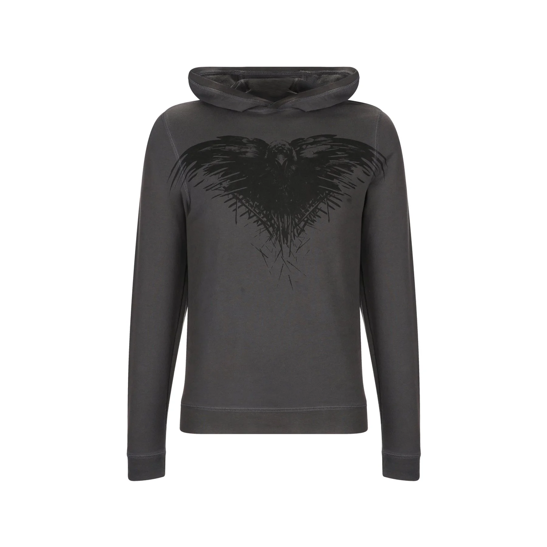 A dark gray hooded sweatshirt with a black graphic of a stylized bird or eagle forming a heart shape on the front.