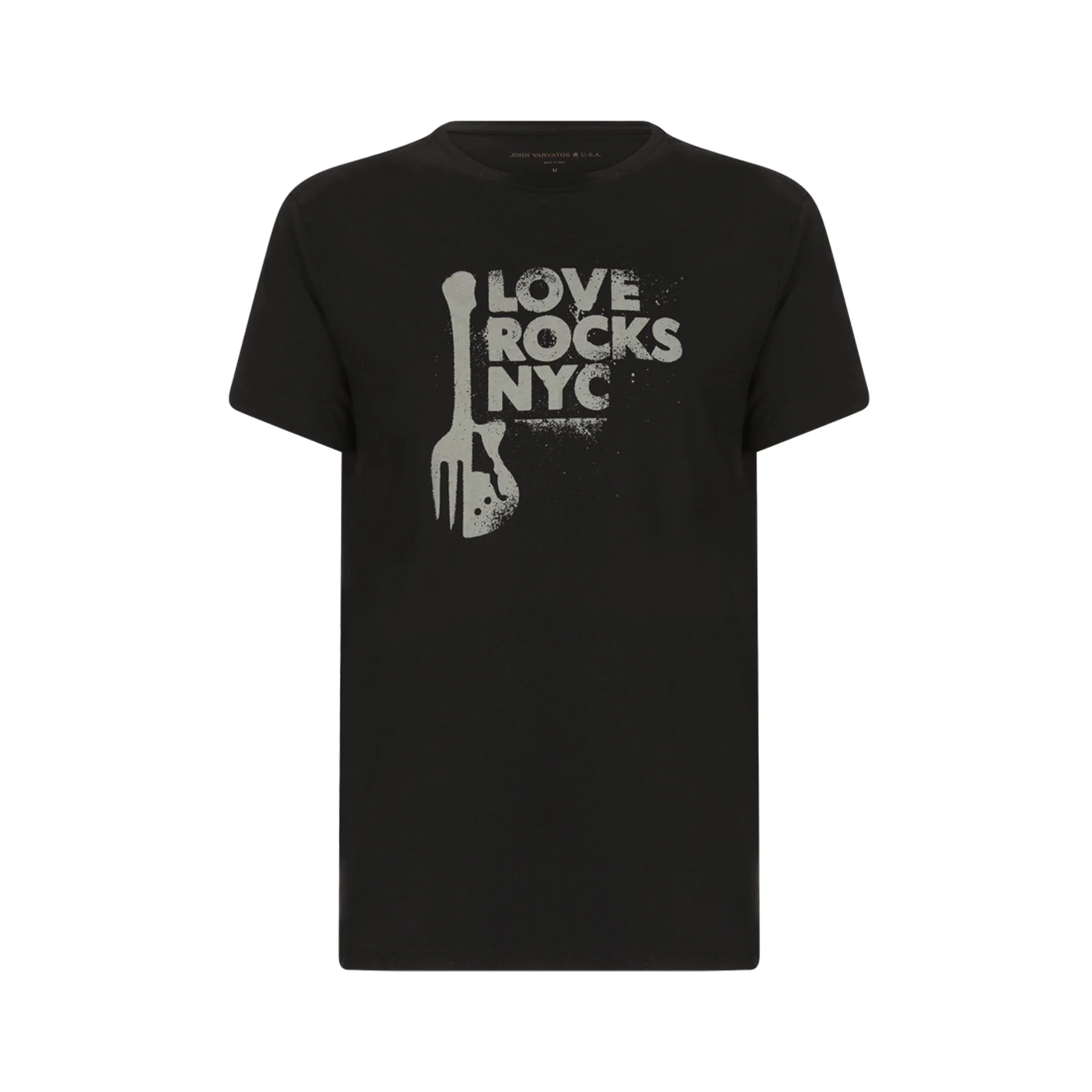 Black T-shirt with graphic design featuring a fork and the words "Love Rocks NYC" printed in white.